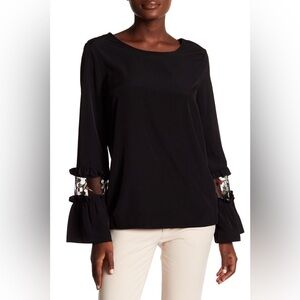Pleione Anthropologie Black Ruffle Floral Embroidered Bell Sleeve Blouse Mesh S